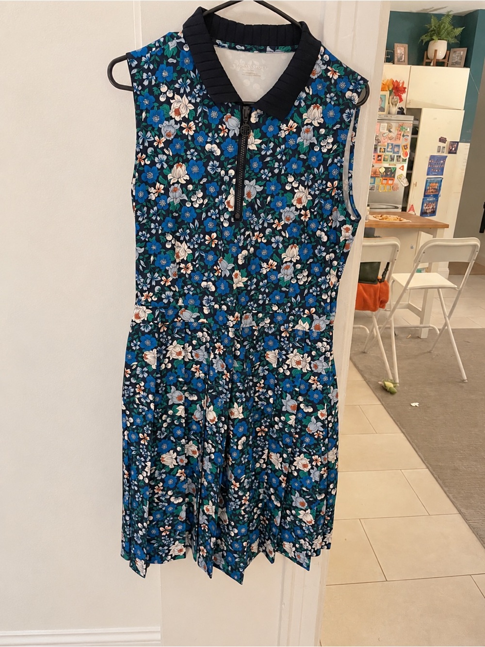 Women’s Tory Burch Sport Blue Floral Sleeveless Dress with Zip Collar